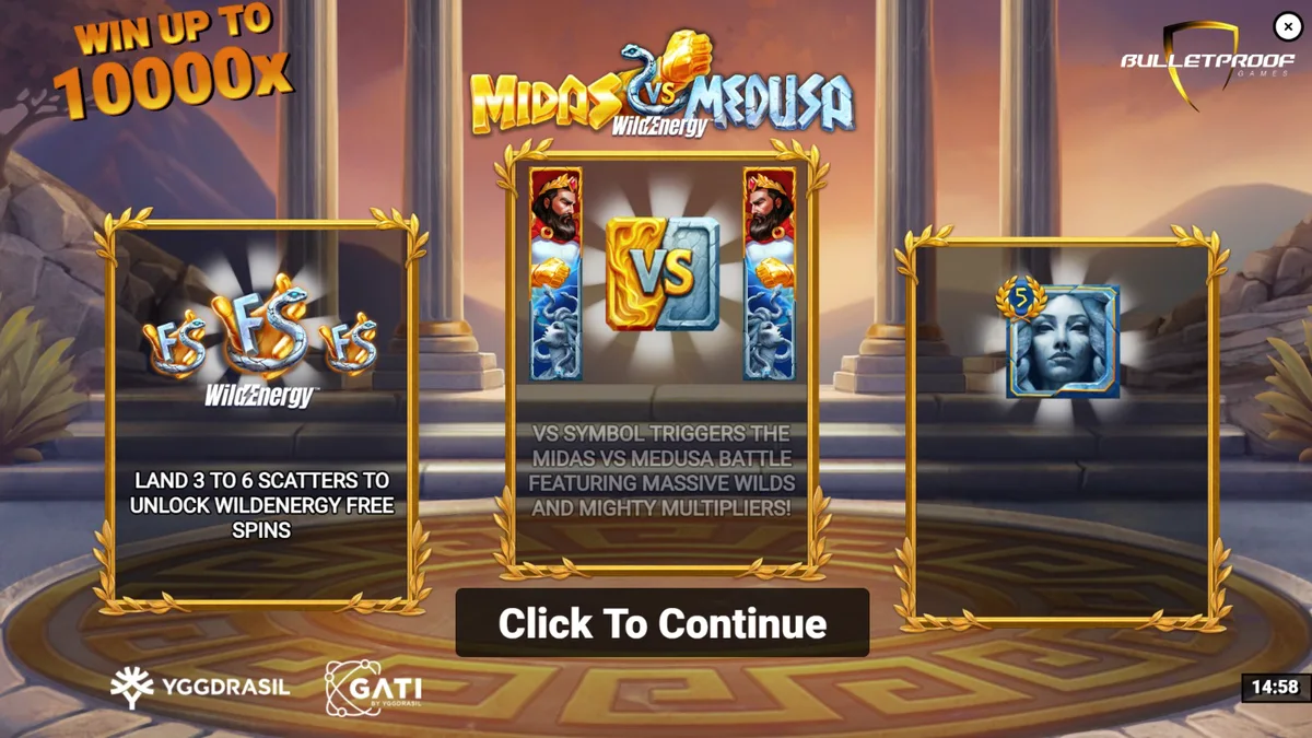 Tampilan visual slot Midas VS Medusa WildEnergy dengan elemen emas dan batu