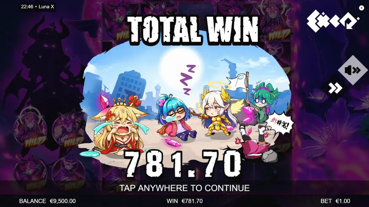 Tampilan visual futuristik dan neon dari slot Luna X dengan karakter anime.